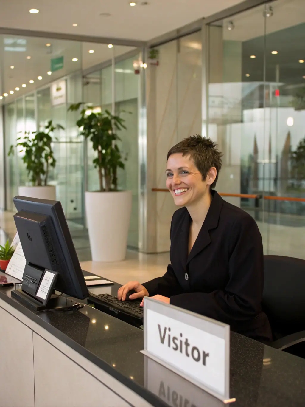 A professional, friendly loan officer assisting a young couple with their mortgage application in a bright, modern office setting. The focus is on trust and guidance.