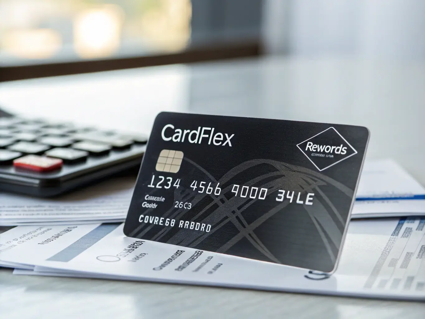 A professional, eye-level shot of a Prime Trust Bank Gold Rewards credit card on a reflective surface, subtly showcasing its elegant design and the bank's logo. The background is blurred, suggesting a luxurious lifestyle.