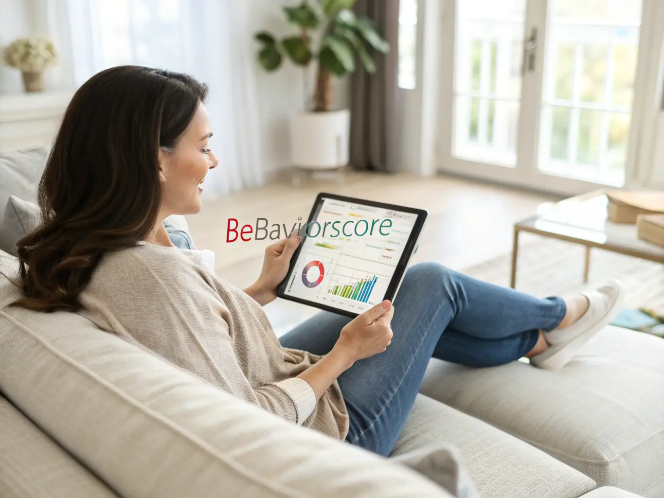 A person happily managing their finances on a tablet while sitting in a cozy living room, showcasing the convenience of Prime Trust Bank's online banking services.