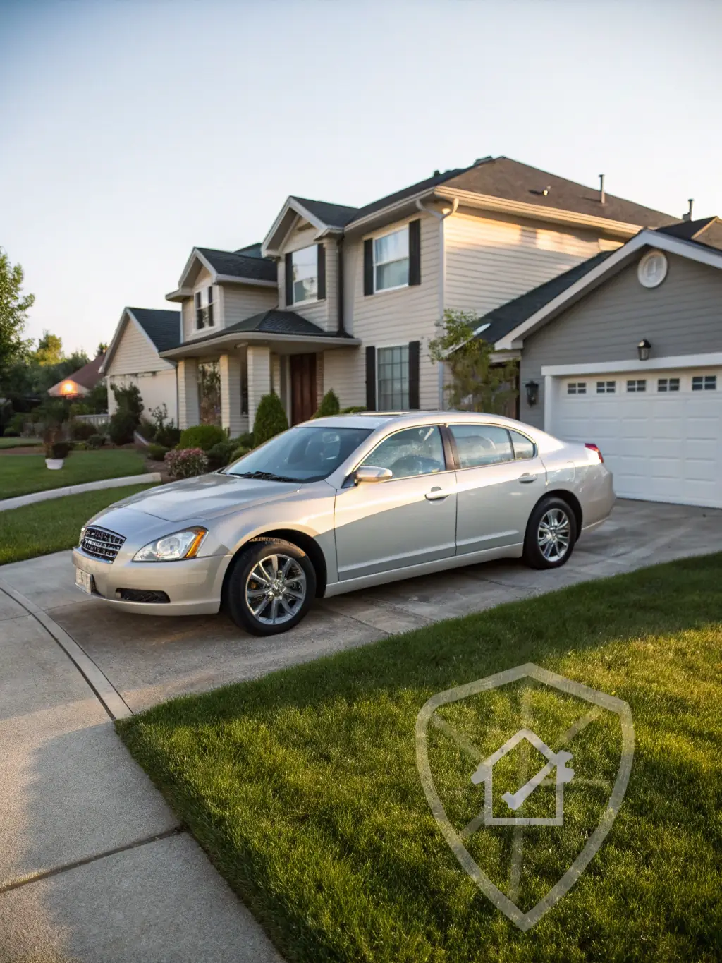 A shiny new car parked in front of a suburban home, symbolizing the freedom and convenience of owning a vehicle.