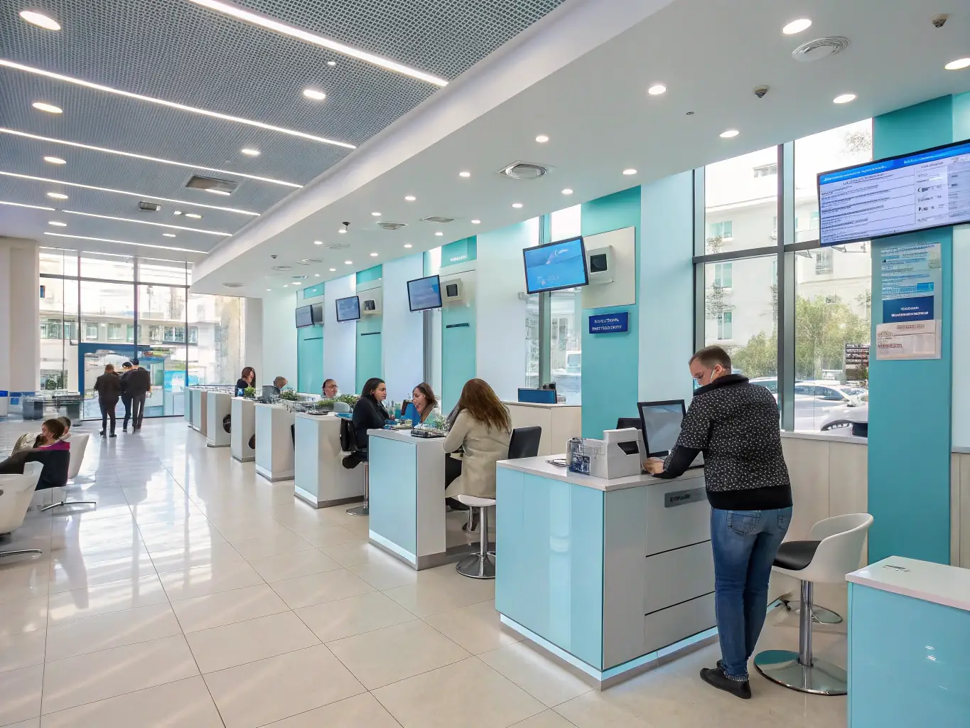 A modern, well-lit Prime Trust Bank branch with friendly staff assisting customers, emphasizing the bank's commitment to customer service.