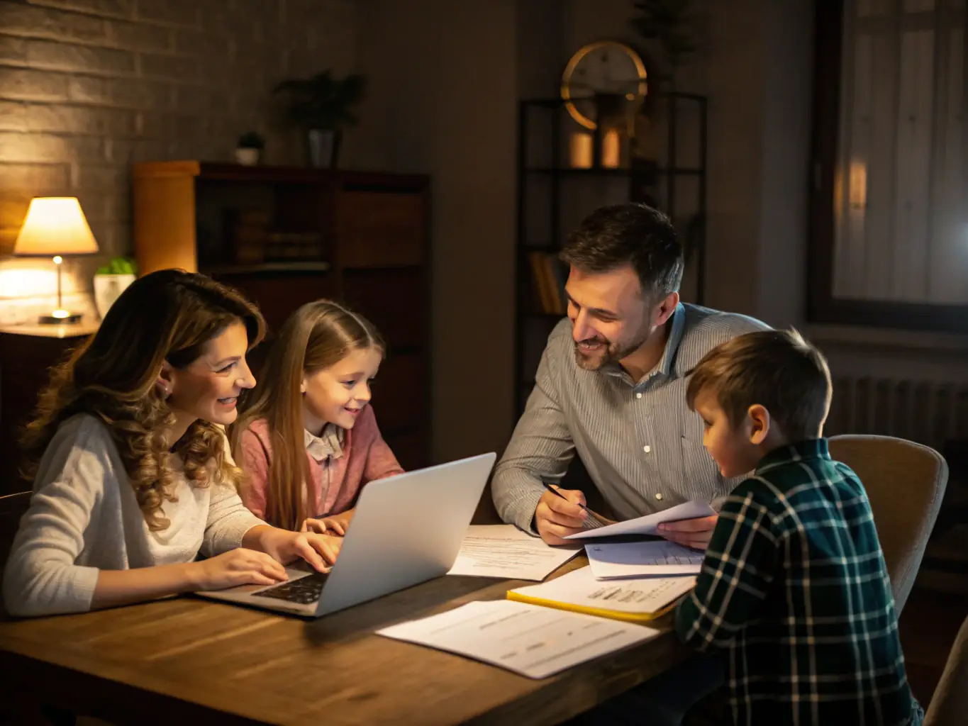 A family discussing their financial goals with a Prime Trust Bank financial advisor in a comfortable office setting.