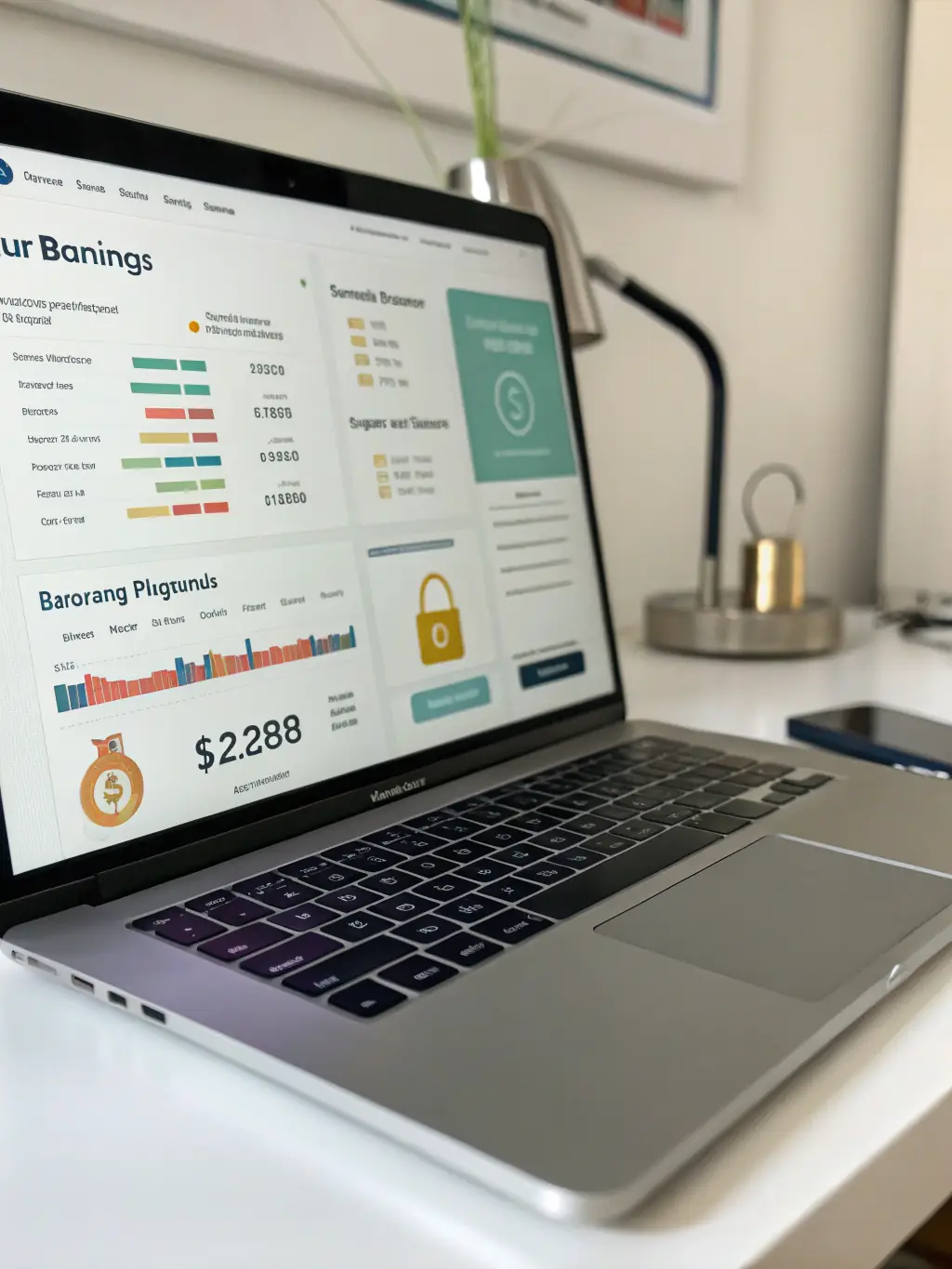 A secure online banking interface displayed on a laptop screen, showing real-time financial data and transaction history, emphasizing digital banking solutions.