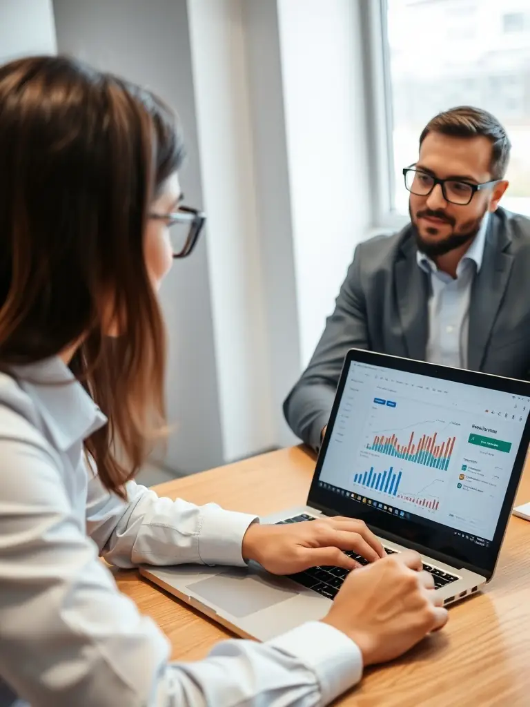 A financial advisor at Prime Trust Bank is meeting with a client in a modern office setting, reviewing investment portfolios and discussing financial goals.