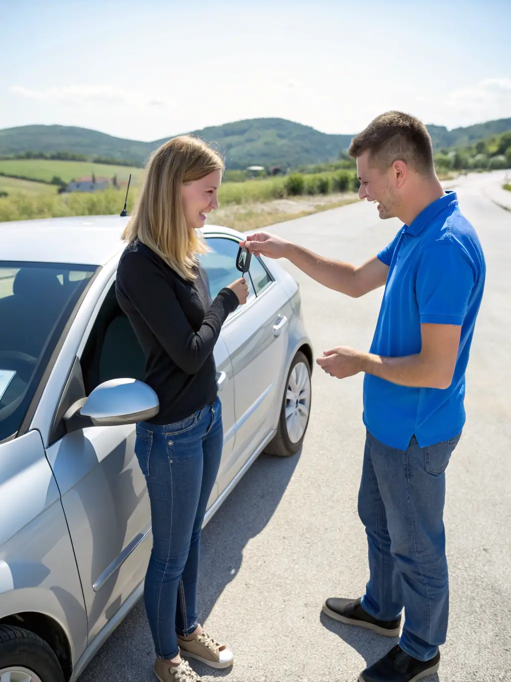A person happily receiving keys to their new car, symbolizing the ease of obtaining an auto loan from Prime Trust Bank.