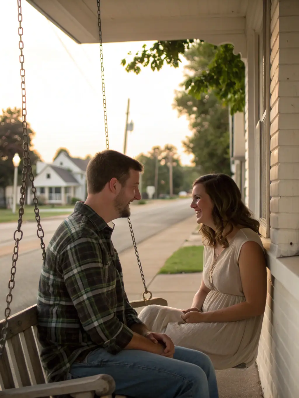 An elderly couple is smiling and relaxed, sitting on a porch swing, representing a secure and comfortable retirement planned with Prime Trust Bank.