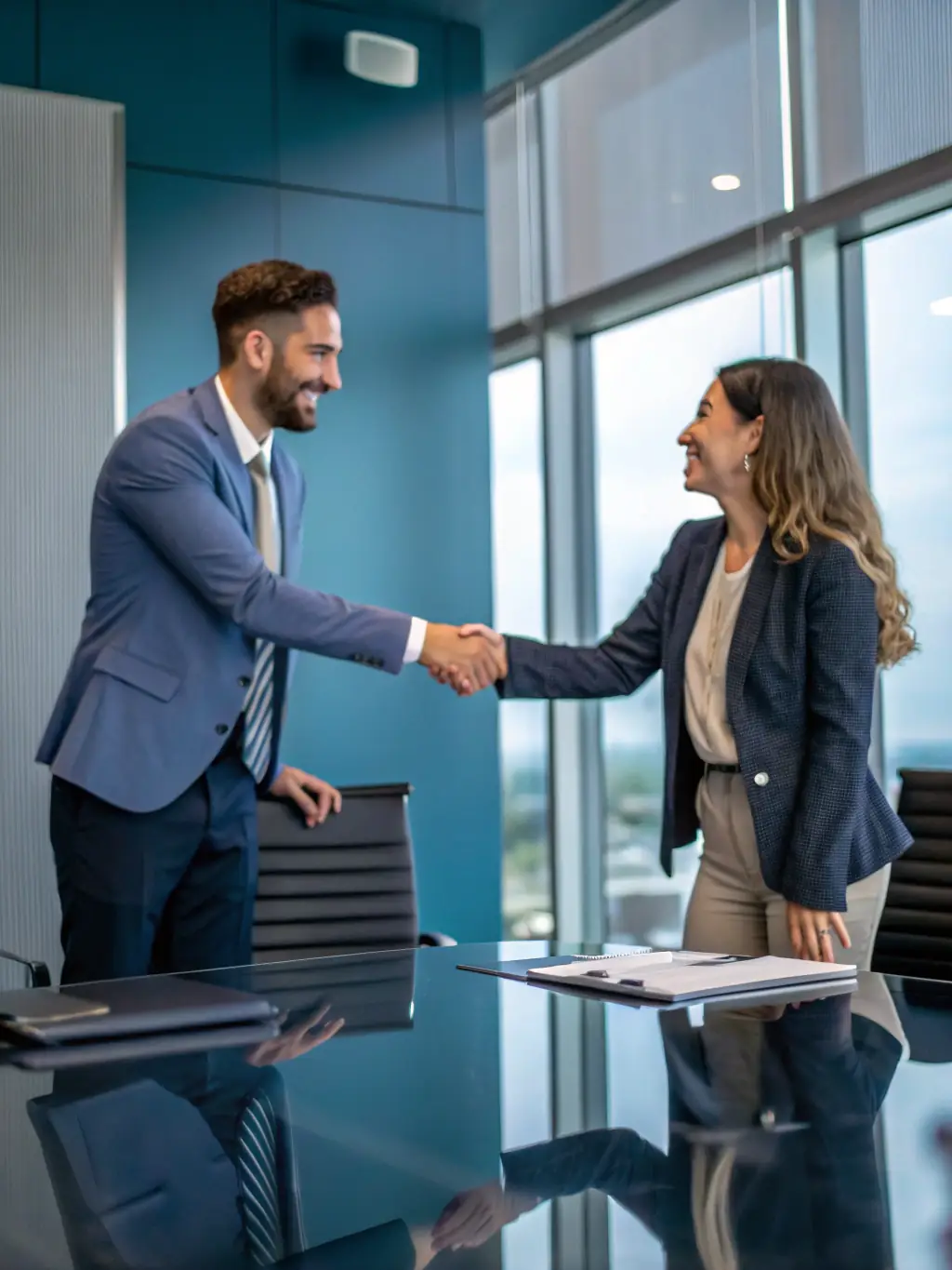 A professional businessman in a suit confidently shaking hands with a businesswoman in a modern office setting, symbolizing partnership and trust in business banking.