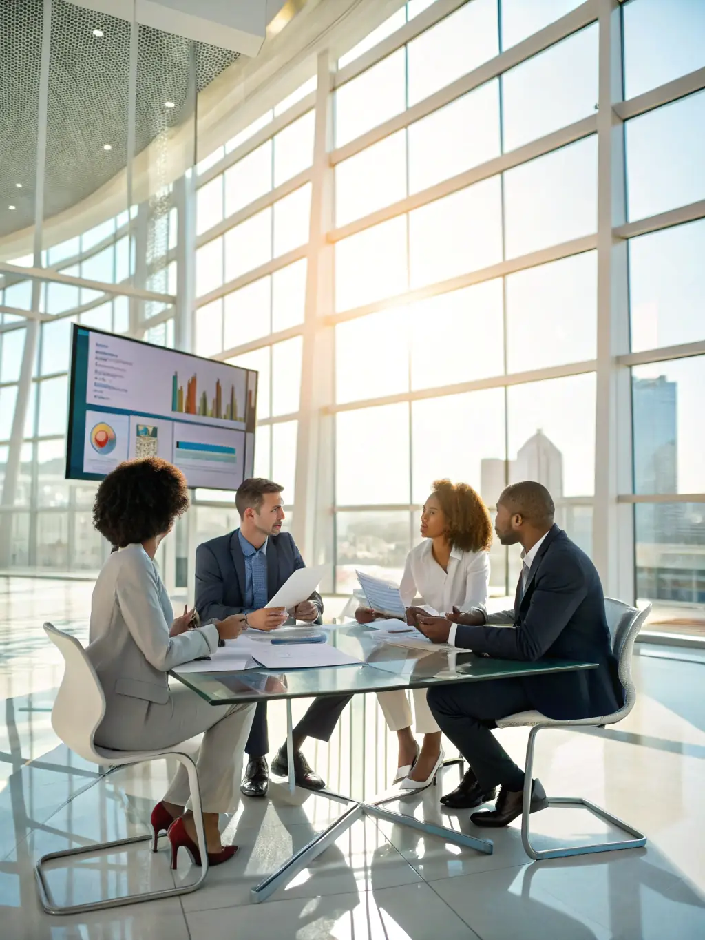 A diverse group of entrepreneurs collaborating around a table, reviewing financial documents and discussing business strategies, representing business loan options.