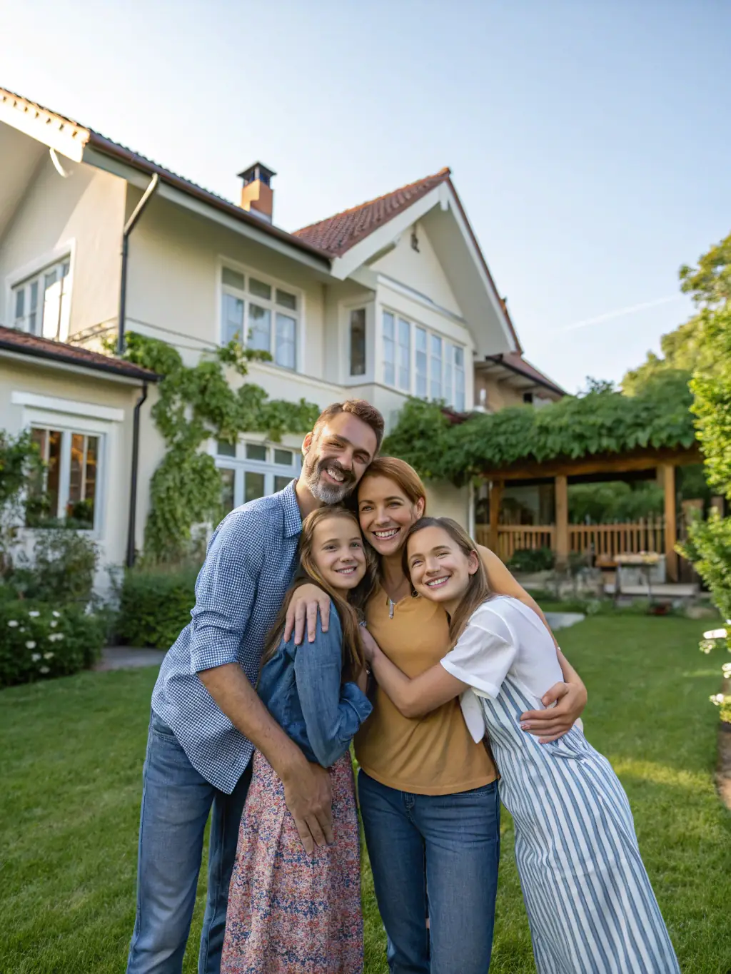 A family standing in front of their new home, representing the dream of homeownership made possible with Prime Trust Bank's mortgage options.